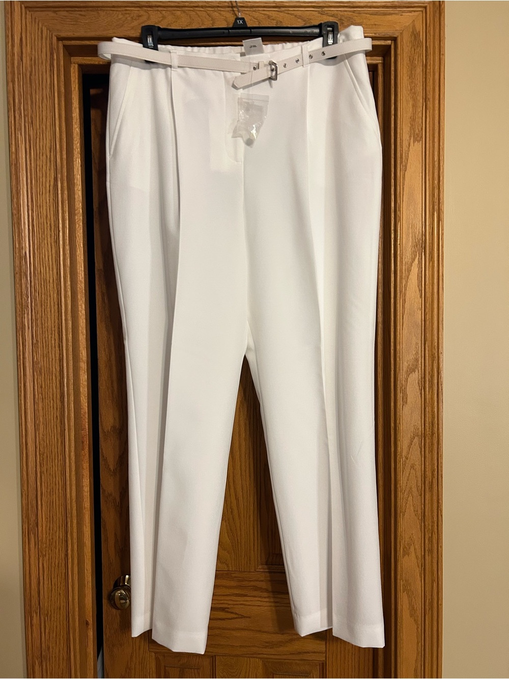 Women’s White Tailored Belted Trousers by Liz Baker. Size 18
